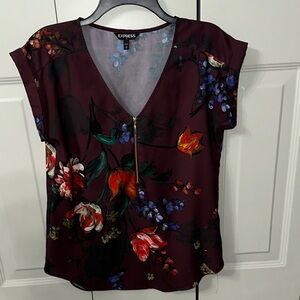 Express Floral Zip-Front Blouse - Dark Purple